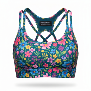 Dragonlux Women's Floral Print Strappy Cross-Back Sports Bra - Teal Multicolor